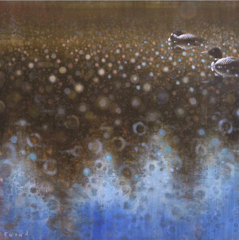 Loons in Tree Reflection<br>
oil on linen<br>
51 x 51 inches