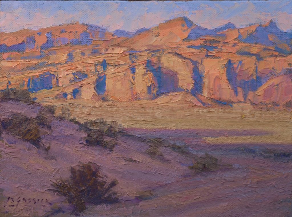 Sundown in the Mojave, oil on canvas board, 6 x 8 inches
