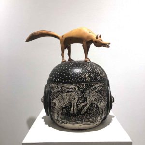 Williamson, Larry_Coyote, Watching the Rabbits..._ceramic and wood_18 x 19 x 13 inches_low-res