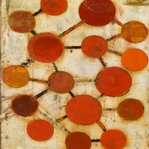 John Belingheri, Crimson Net, mixed media on paper, 15 x 16 inches, $1,700