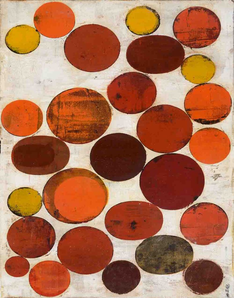John Belingheri, Persimmons, mixed media on paper, 30 x 22 inches, $2,200