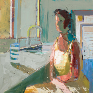 Linda Christensen, Kitchen, oil on canvas, 18 x 18 inches