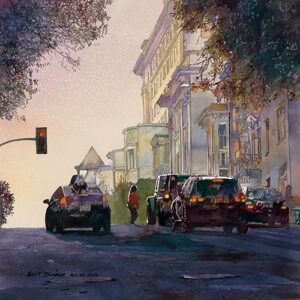 South San Francisco Sunset, watercolor, 25 x 25 inches, $5,300