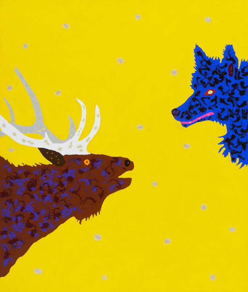 Joe Fay, Elk and Wolf, acrylic on canvas, 56 x 48 inches, $9,000