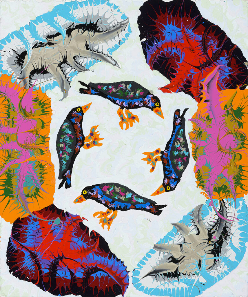 Joe Fay, Very Crows Friends, acrylic on canvas, 28 x 22 inches, $2,500
