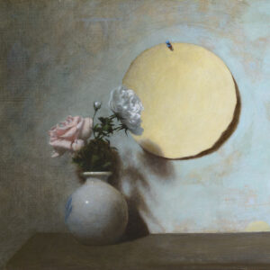 Still Life with Roses, Vase, and a Paper Moon, oil on board, 12 x 15 inches, $9,250