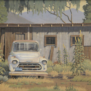 Jeff Nicholson, The Old Chevy Out Back, oil on canvas panel_14 x 18 inches, $3,600